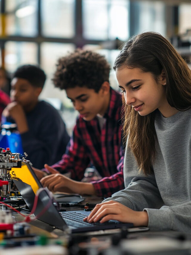 Young students practicing coding and hands-on technology projects together.