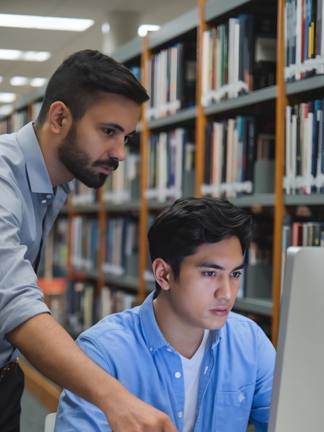 Student receiving guidance while researching career options on a computer in a library.